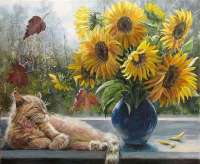 Без бренда «Подсолнухи в синей вазе возле кота» в Тольятти