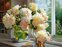 Без бренда «Ваза с букетом белых пионов у окна» в Тольятти
