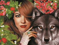 Женщина с волком среди цветов