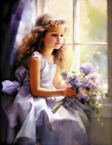 Девочка с букетом сирени сидит у окна