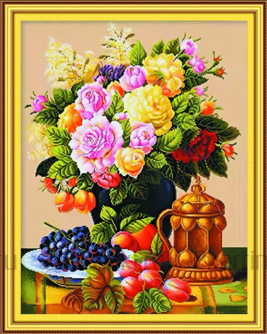Алмазная мозаика 40x50 Роскошный букет и фрукты на столе