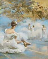 Девушки в белых платьях под золотыми деревьями